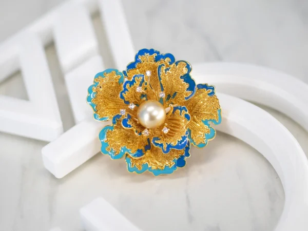 Golden Pearl Peony Statement Brooch